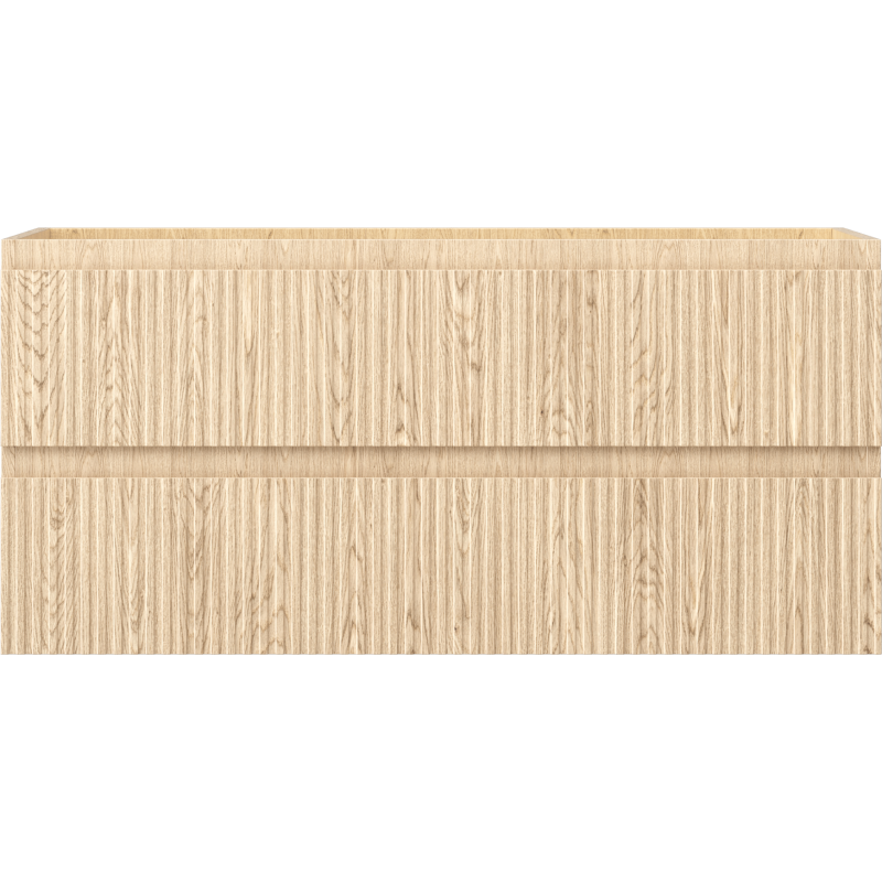 Underskap til servant i eik med riflet front, to skuffer og tydelig horisontal linje, sett forfra.