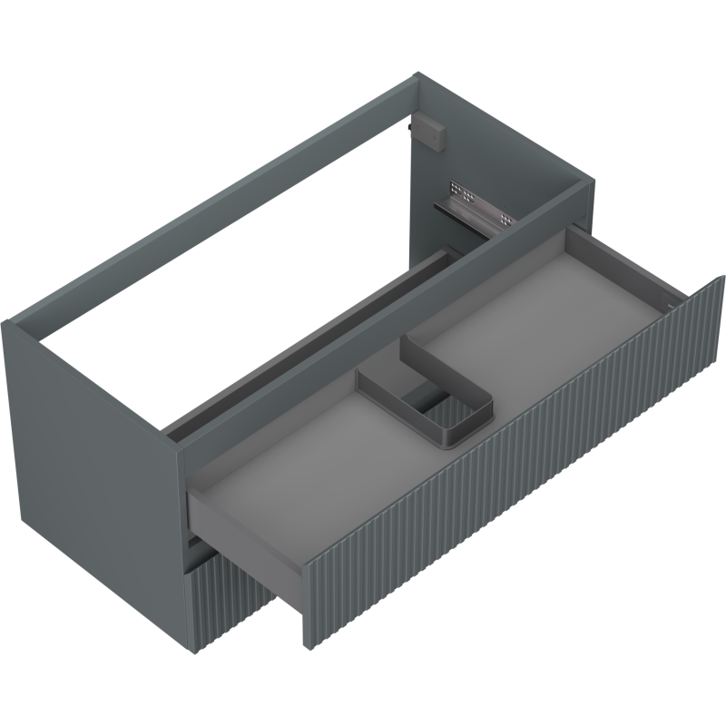 Servantskap uten vask 100 cm grafitt matt med to skuffer, åpen skuff viser rominndeling og rillet front.