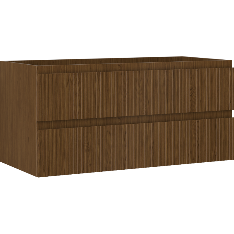 Servantskap 100 cm i valnøtt med riflet front og to skuffer, sett fra skrå vinkel.