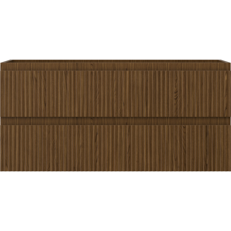 Underskap til servant i valnøtt med riflet front og to skuffer, sett rett forfra uten håndtak.