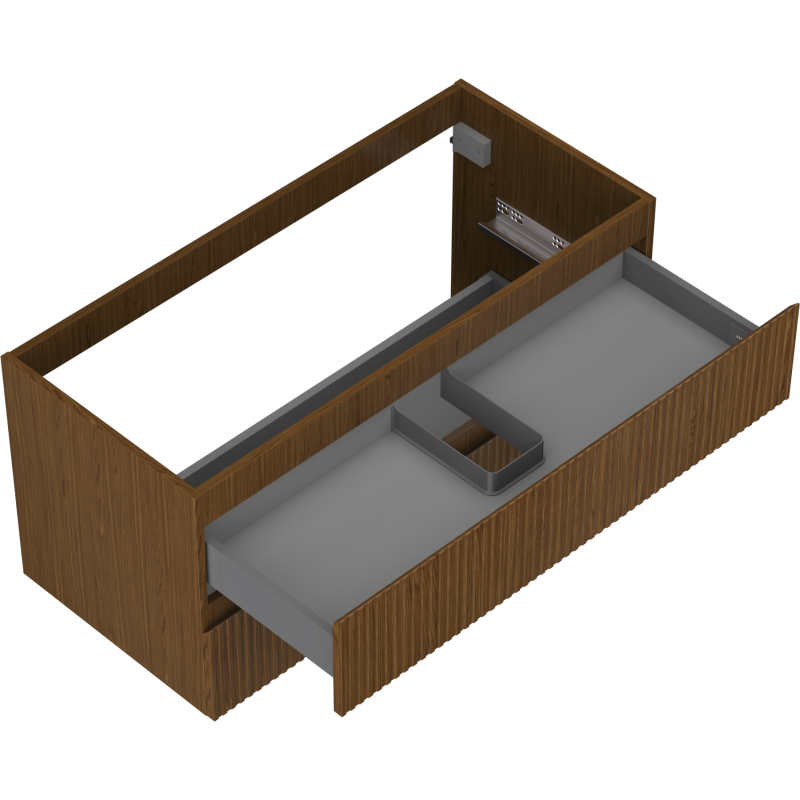 Servantskap uten vask 100 cm i valnøtt med to riflete skuffer, sett skrått ovenfra med synlige avdelere.