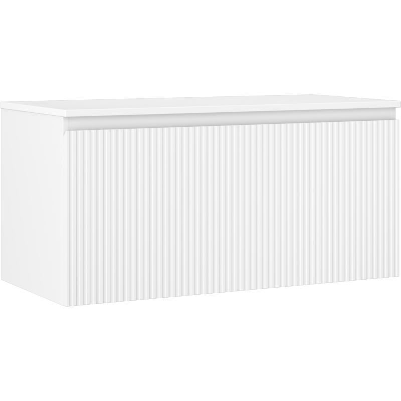 Servantskap 100 cm hvit matt med én skuff og riflet front, sett fra skrå vinkel.