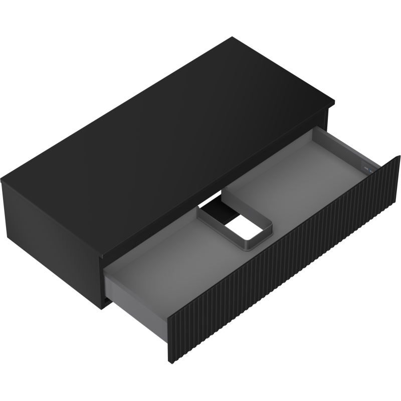 Servantskap uten vask svart matt Mexen Rivel med én skuff, ribbet front og romdeler, sett skrått ovenfra.