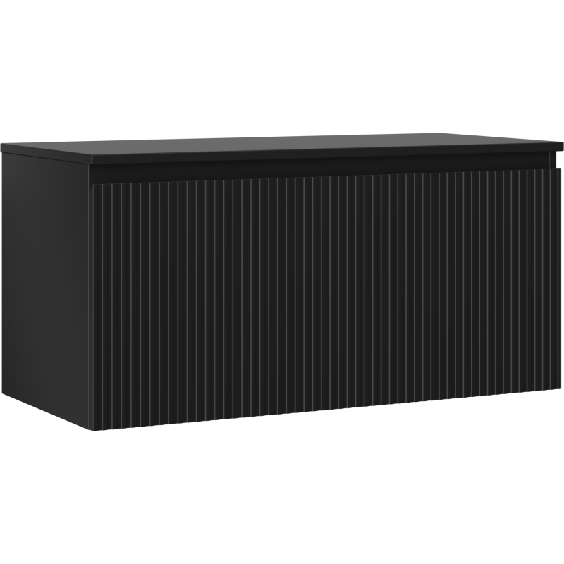 Servantskap 100 cm svart matt med vertikale riller, sett fra skrå vinkel.