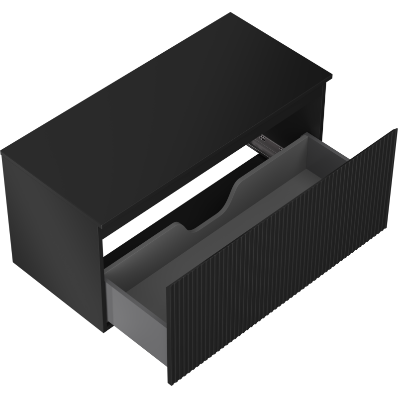 Servantskap uten vask svart Mexen Rivel 100 cm med én åpen skuff og vertikale riller sett ovenfra.