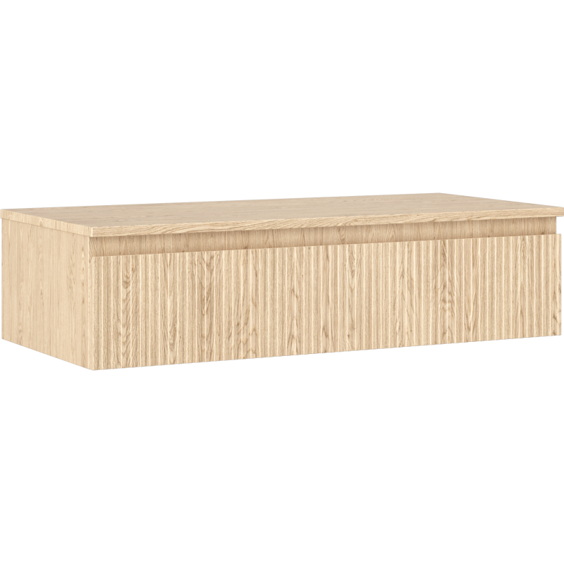 Servantskap 100 cm i eik med riflet front, sett skrått fra siden og front, synlig trestruktur.