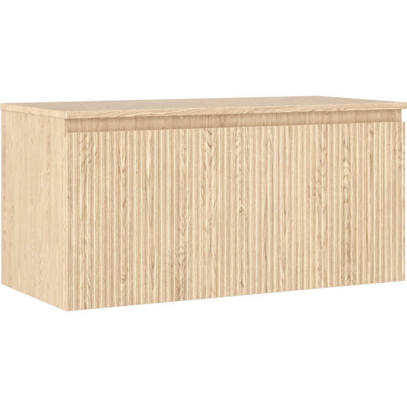 Servantskap 100 cm i eik med én skuff og riflet front, sett fra skrå vinkel.