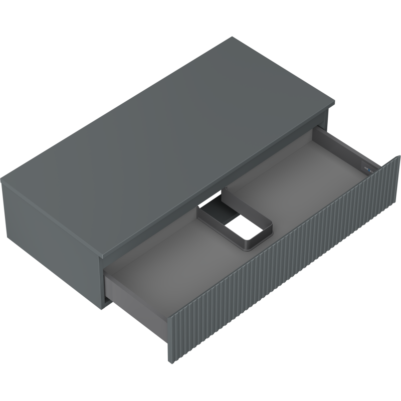 Servantskap uten vask 100 cm grafitt matt med riflet front og bred uttrekksskuff, sett skrått ovenfra.