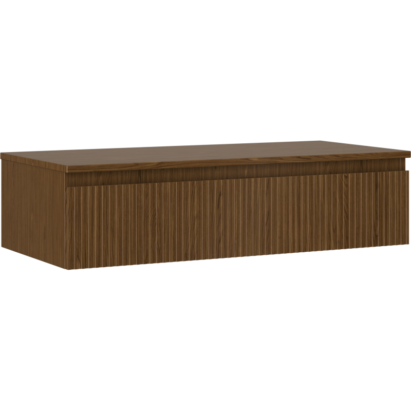 Servantskap 100 cm i valnøtt med riflet front og glatt lokk, sett fra skrå vinkel.