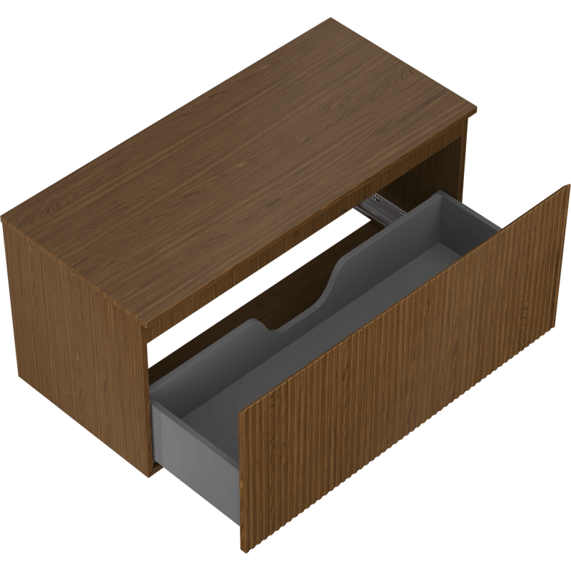 Servantskap uten vask 100 cm valnøtt med én stor grå innerskuff trukket ut og riflet front.