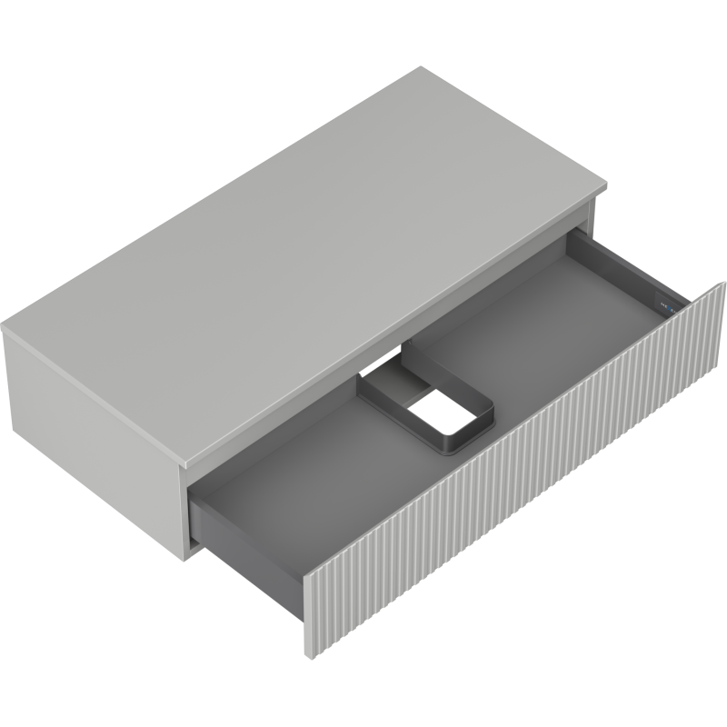 Servantskap uten vask grå matt 100 cm med åpen rillet skuff og innvendig romdeler.