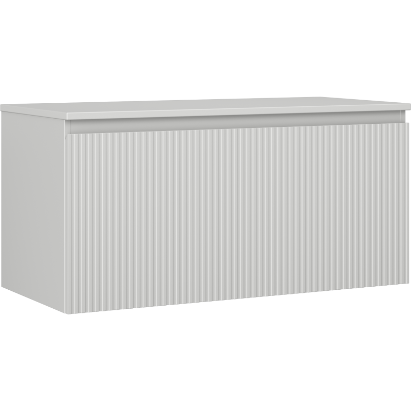 Servantskap 100 cm grå matt med én skuff og riflet front, vist fra skrå vinkel.