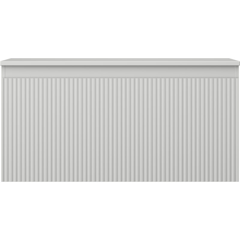 Underskap til servant i grå matt finish med riflet front, sett rett forfra uten synlige håndtak.