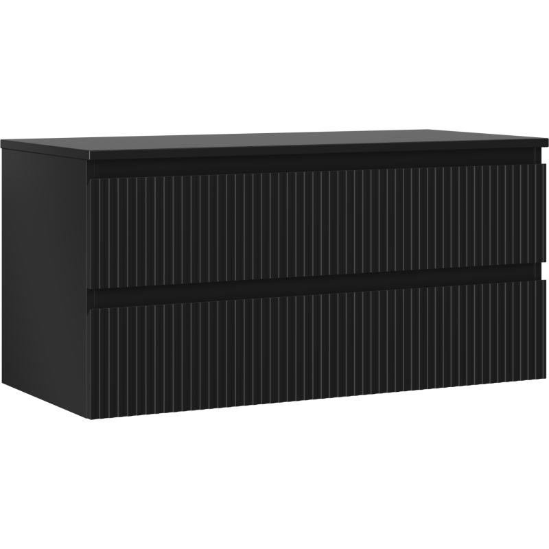 Servantskap 100 cm svart matt med to skuffer og ribbet front, sett fra skrå vinkel mot venstre.