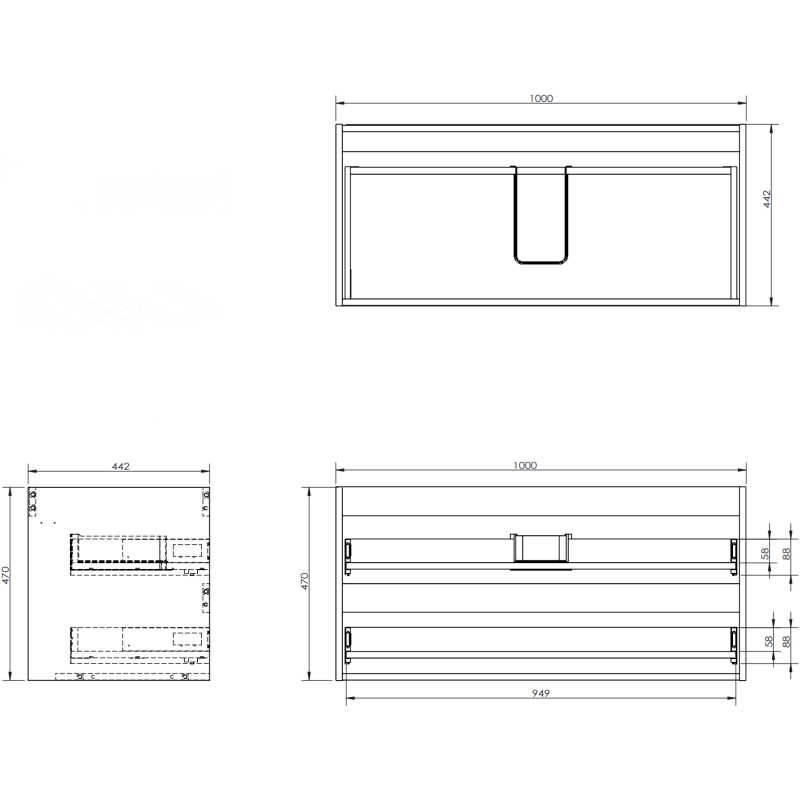 Servantskap 100 cm teknisk tegning med mål, front-, side- og toppvisning av Mexen Rivel.