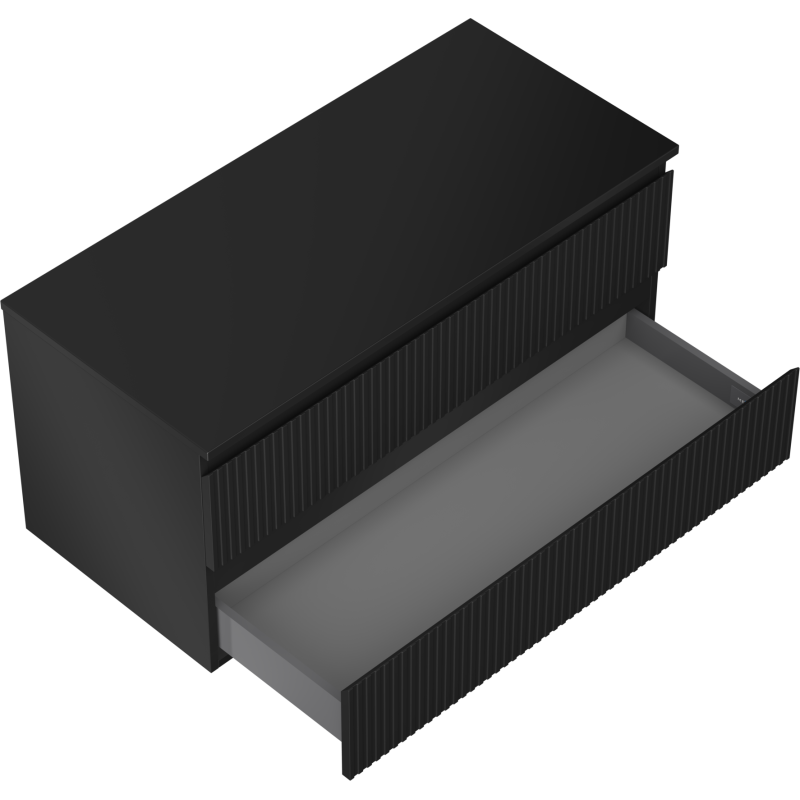Servantskap til bad 100 cm svart matt med vertikale riller, sett ovenfra med stor skuff trukket ut.