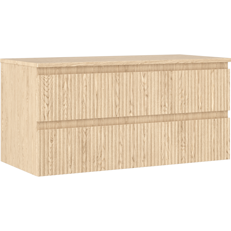 Servantskap 100 cm i lys eik med riflet front og to skuffer, sett fra skrå vinkel.