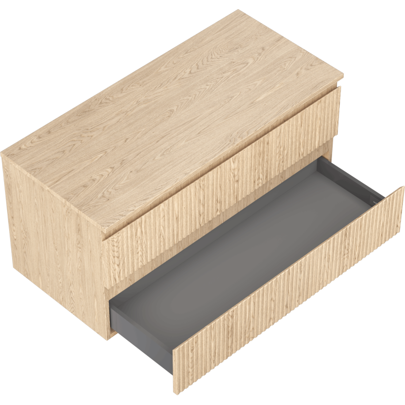 Servantskap til bad i lys eik med riflet front, sett ovenfra med åpen skuff og grå innside.