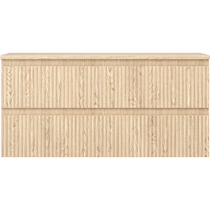 Underskap til servant i lyst eik med riflet front og to skuffer uten synlige håndtak, sett forfra.