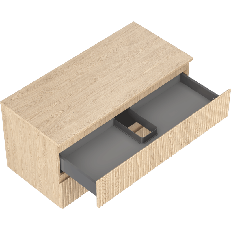 Servantskap uten vask i eik med riflet front, én stor skuff trukket ut og sort innvendig avdeler.