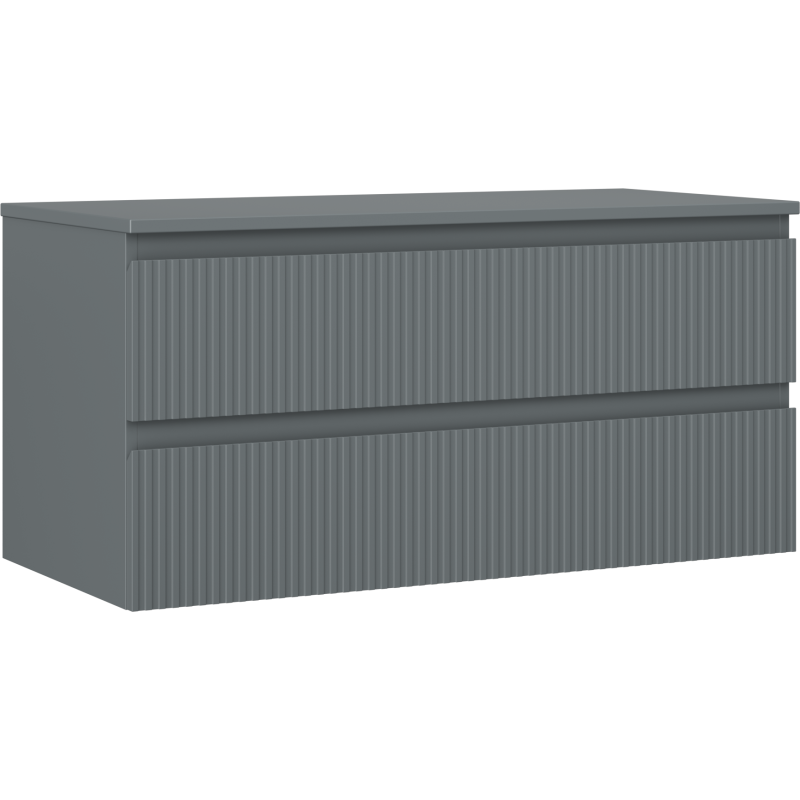 Servantskap 100 cm grafitt matt med to skuffer og vertikale riller, sett fra skrå vinkel.
