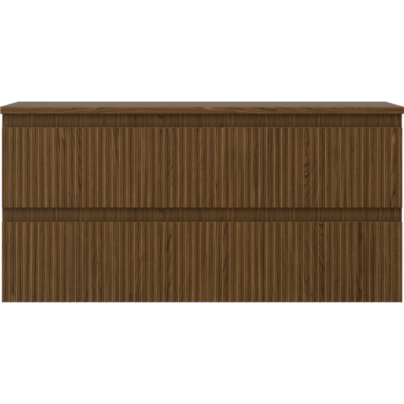 Underskap til servant i valnøtt med riflet front og to skuffer, sett rett forfra.