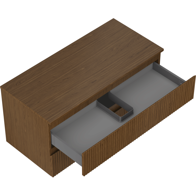 Servantskap uten vask 100 cm valnøtt, åpen grå innerskuff og sort innsatsboks sett skrått ovenfra.
