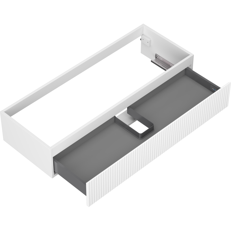 Servantskap uten vask 120 cm hvit matt med én grå skuff, vist ovenfra med rominndeling og rillet front.