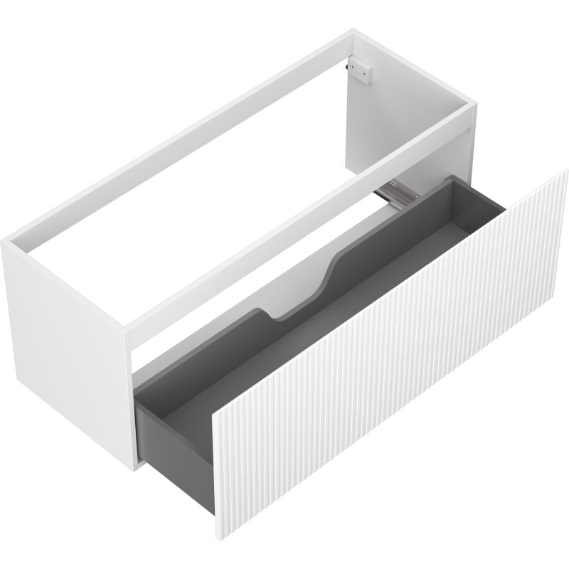Servantskap uten vask 120 cm hvit matt med én grå skuff og riflet front, sett skrått ovenfra.