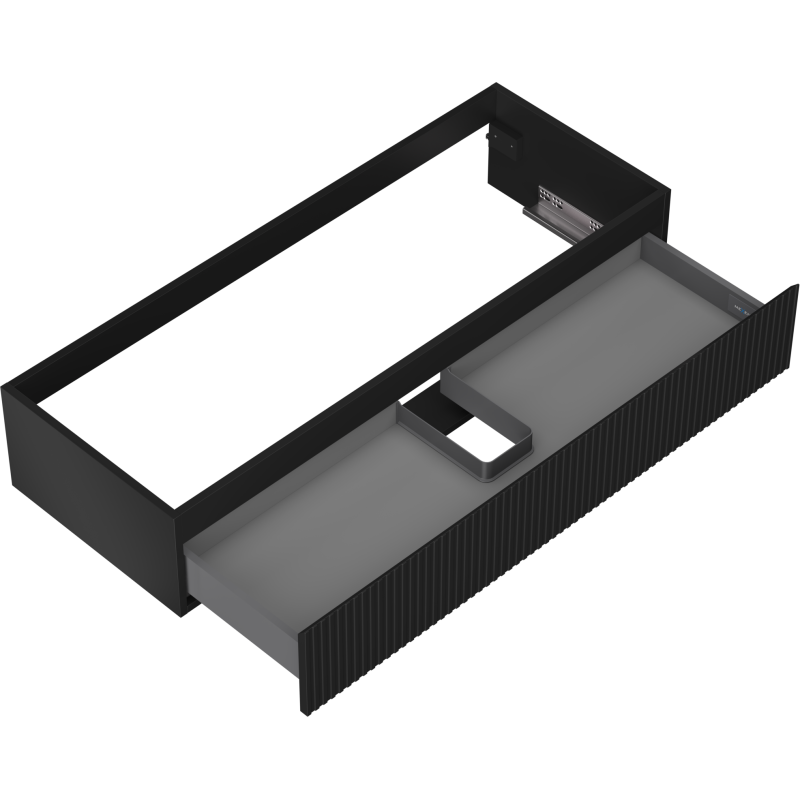 Servantskap uten vask 120 cm svart matt med åpen skuff og ribbet front, vist ovenfra.