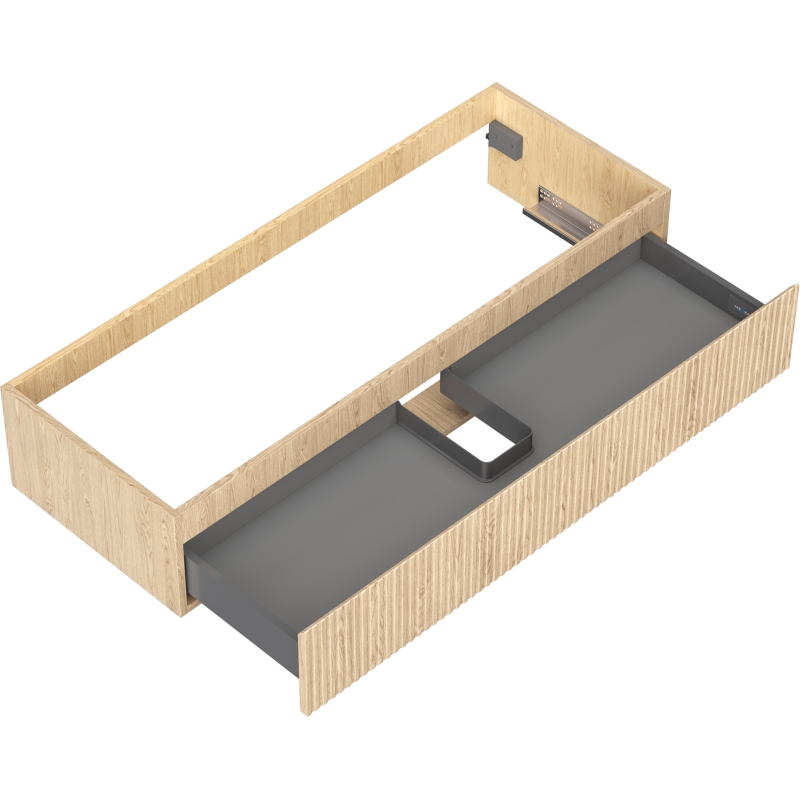 Servantskap uten vask i lyst eik med riflet front, sort innmat og utsparing for rør, sett ovenfra.