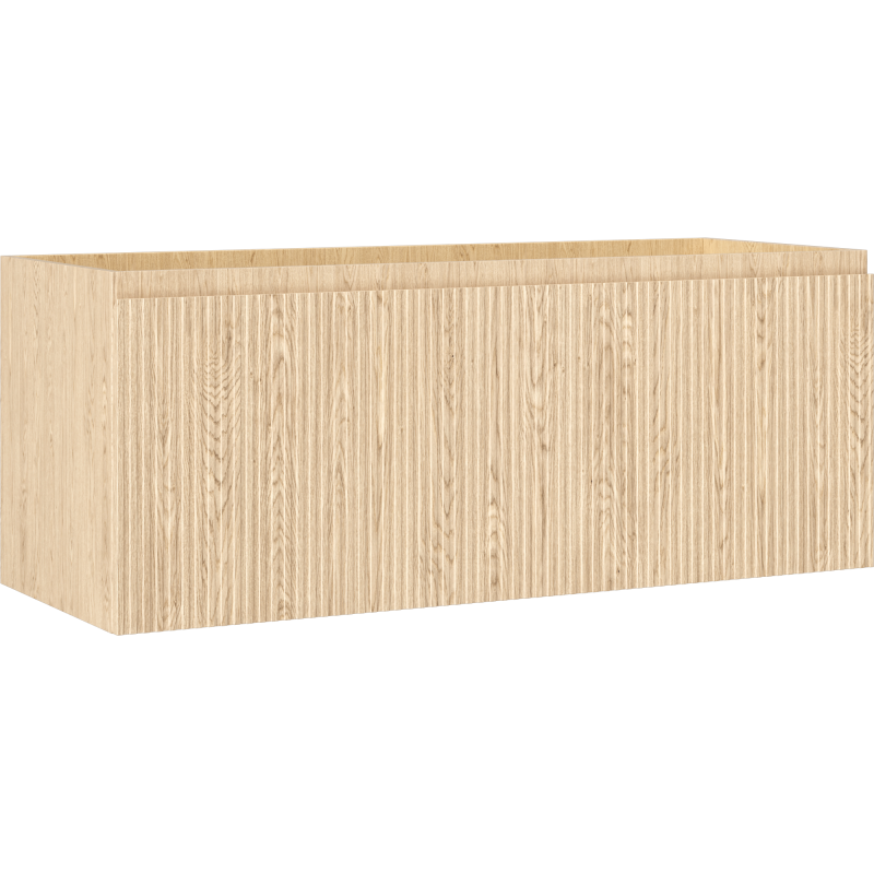 Servantskap 120 cm i lyst eiketre med riflet front og én skuff, sett fra skrå vinkel.