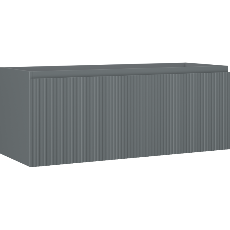 Servantskap 120 cm grafitt matt med én skuff og vertikale riller, sett fra skrå vinkel.