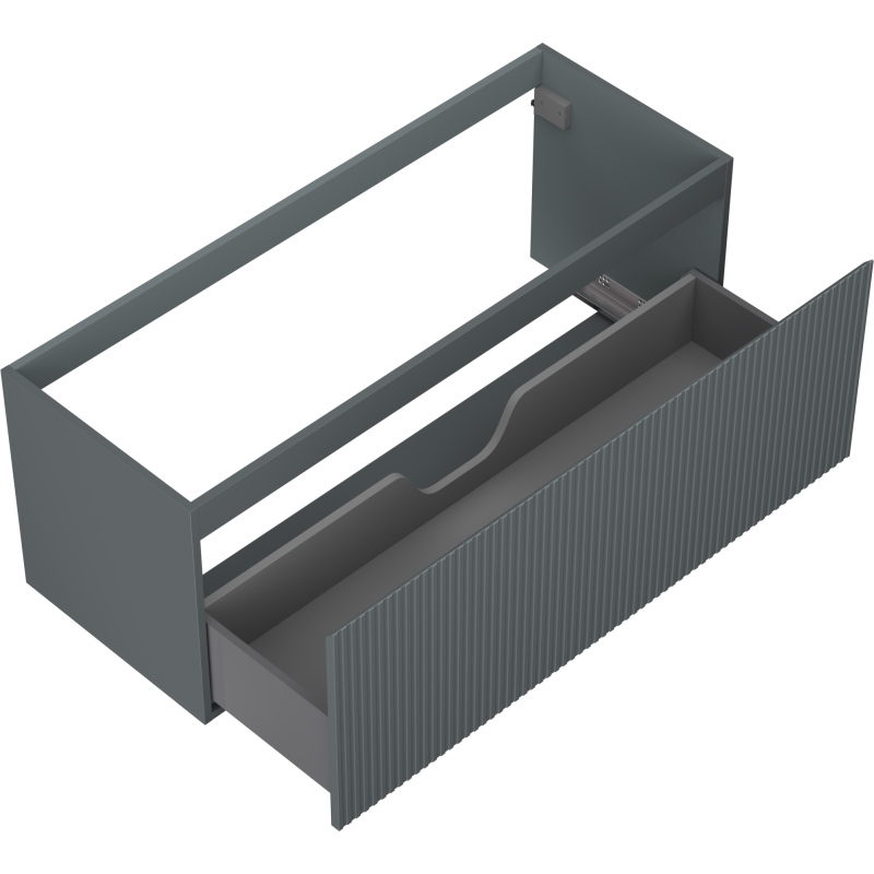 Servantskap uten vask 120 cm grafitt matt med åpen skuff og rillet frontpanel, sett ovenfra.