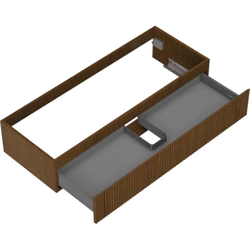 Servantskap uten vask i valnøtt med riflet front, én skuff og grått innerrom med utsparing.