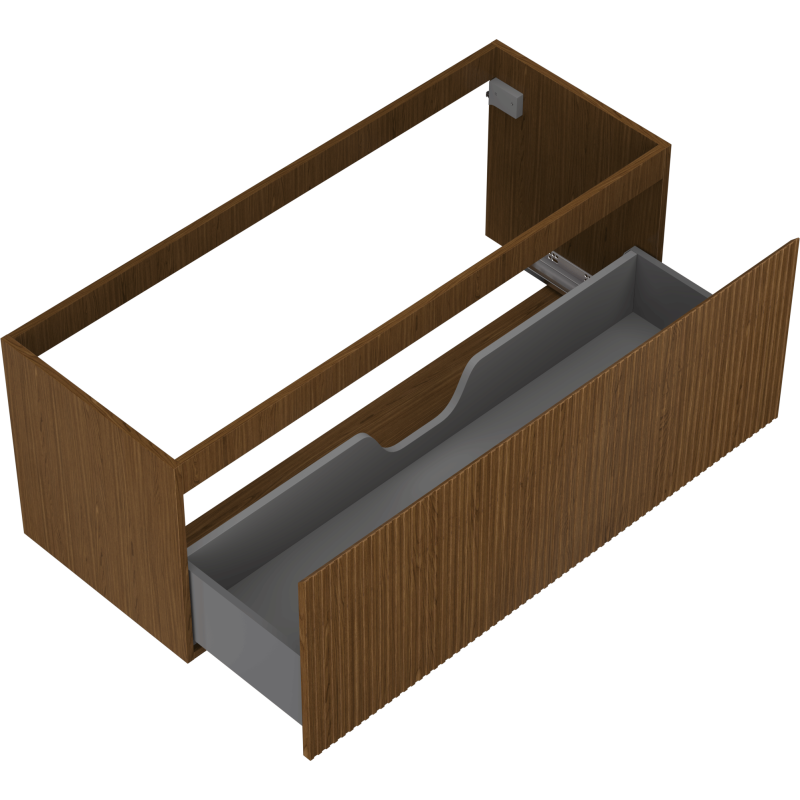 Servantskap uten vask 120 cm valnøtt med riflet front og stor grå skuff delvis åpen, sett skrått ovenfra.