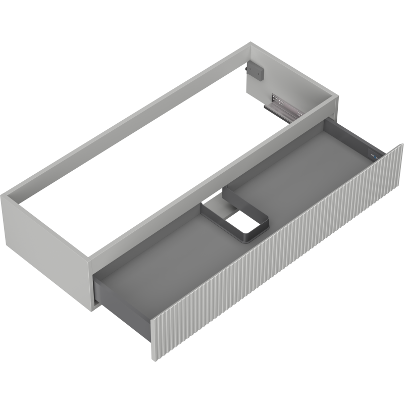 Servantskap uten vask 120 cm grå matt med rillet front, halvåpen skuff og U-formet seksjon.
