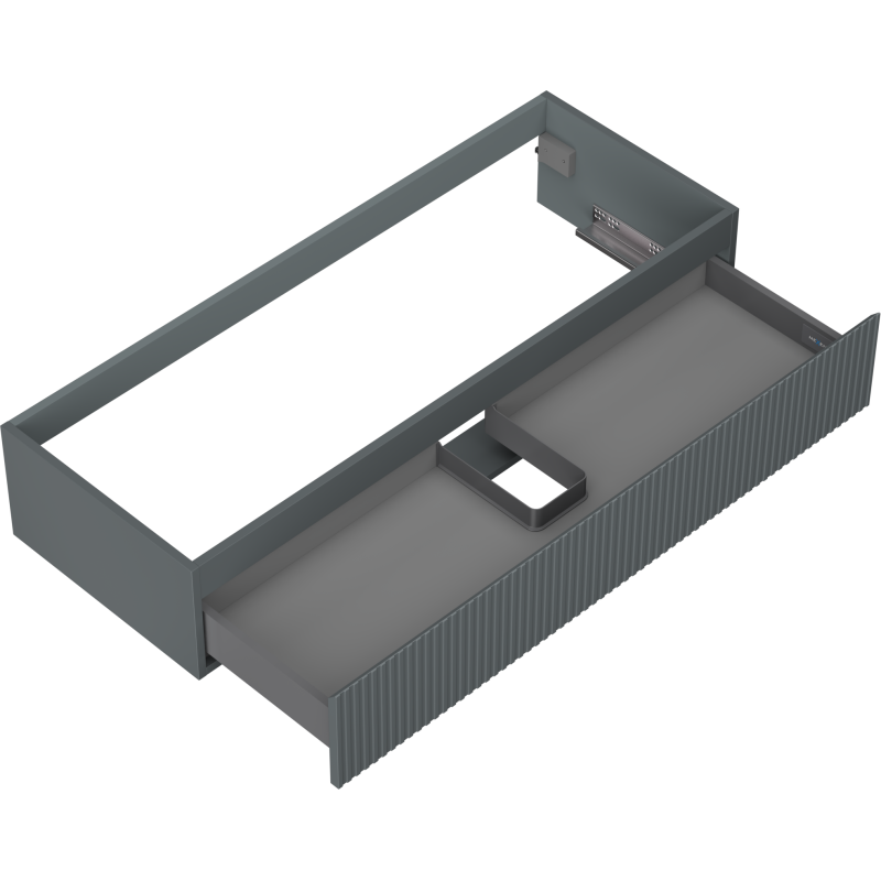 Servantskap uten vask 120 cm grafitt matt med riflet front og åpen skuff sett fra skrå vinkel ovenfra.