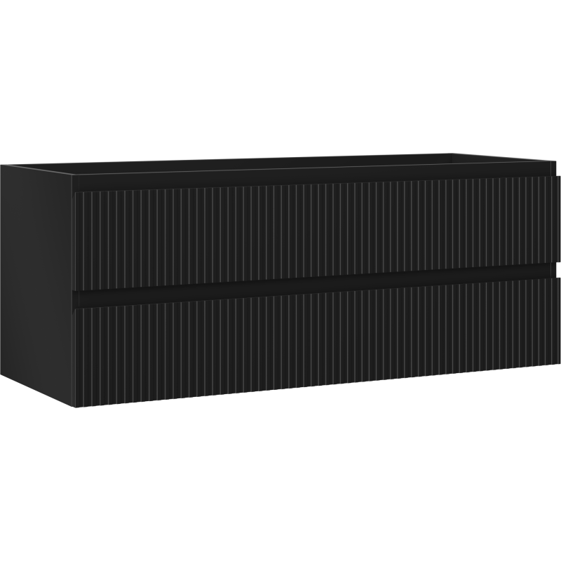 Servantskap 120 cm svart matt med vertikale riller, to skuffer og moderne design, sett fra skrå vinkel.