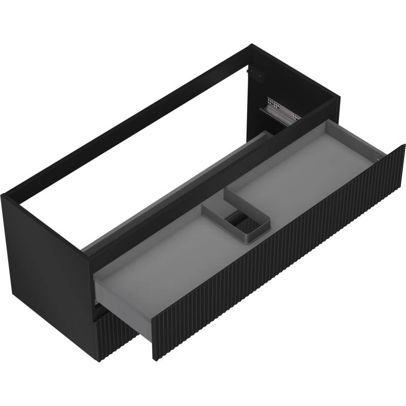 Servantskap uten vask svart matt Mexen Rivel med to skuffer, rillefront og grå innside sett skrått ovenfra.