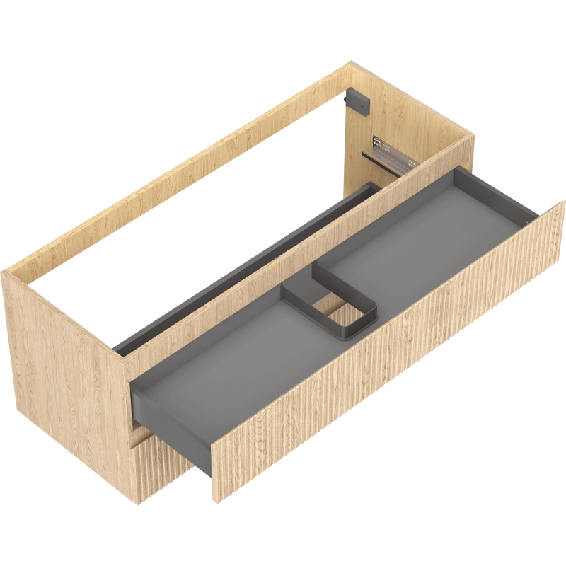 Servantskap uten vask 120 cm i lys eik med riflet front og stor grå uttrekkbar skuff med utsparing.
