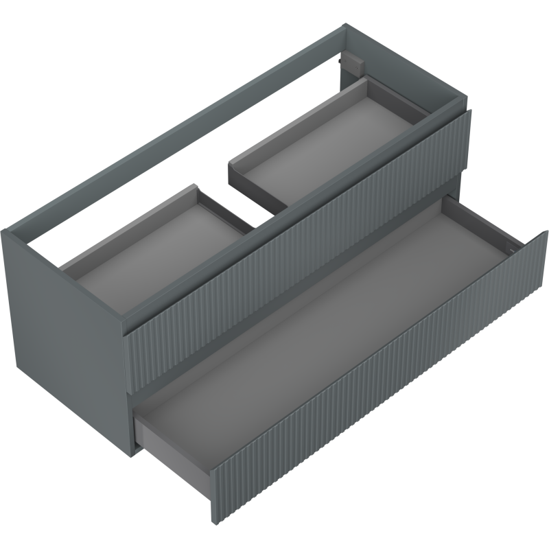 Servantskap til bad 120 cm grafitt matt med to skuffer og vertikale riller, sett i fugleperspektiv.