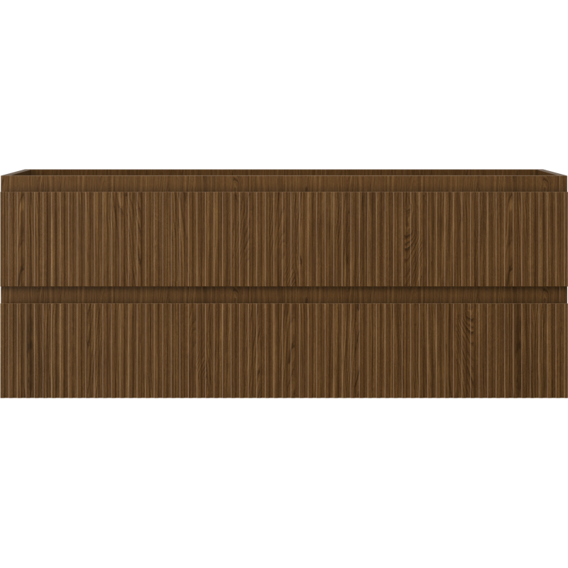 Underskap til servant i valnøtt med to skuffer og vertikalt åremønster, sett rett forfra.