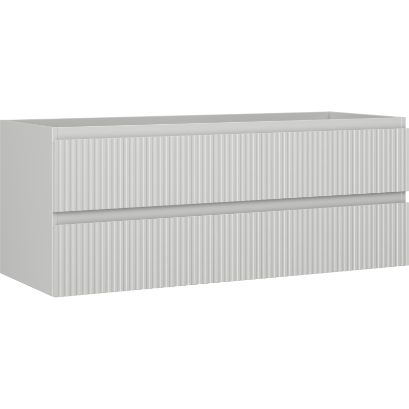 Servantskap 120 cm Mexen Rivel i hvit med to skuffer og vertikale riller, skrå frontvisning.
