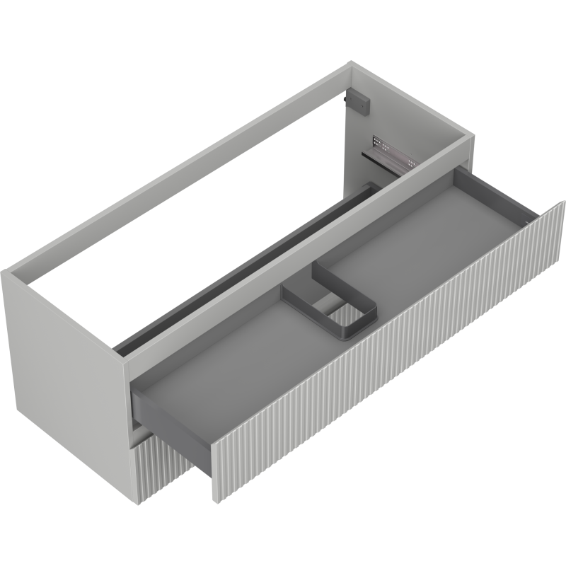 Servantskap uten vask i lys grå matt Mexen Rivel 120 cm med åpen skuff og ribbet front.