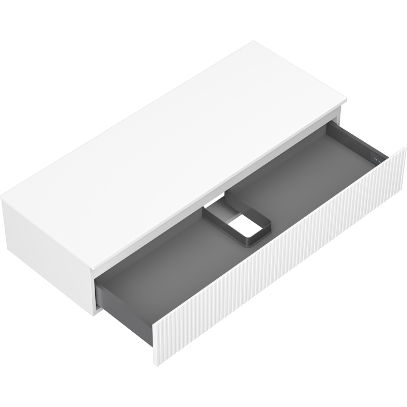 Servantskap uten vask 120 cm hvit matt med én skuff, ribbet front og åpen grå innredning.
