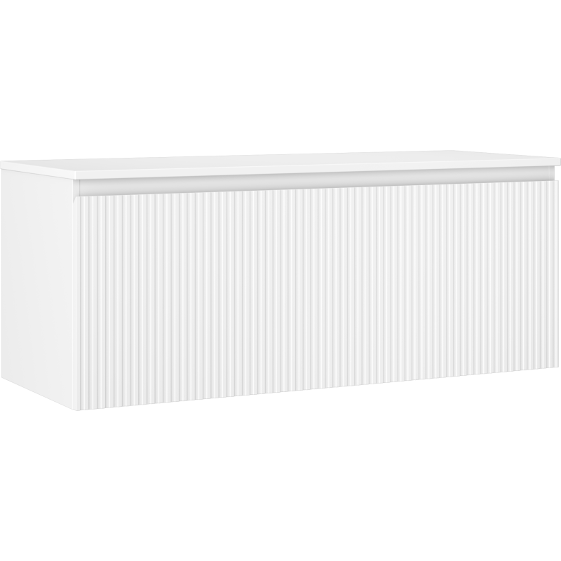 Servantskap 120 cm hvit matt med én skuff og vertikale riller, sett fra skrå vinkel.