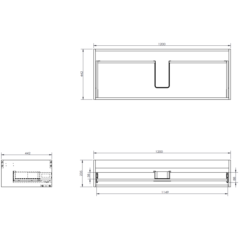 Servantskap til bad teknisk tegning med mål for svart matt Mexen Rivel 120 cm, én skuff.