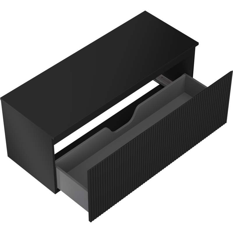 Servantskap uten vask svart matt skuff med riflet front, sett skrått ovenfra med åpen skuff og forhøyning.