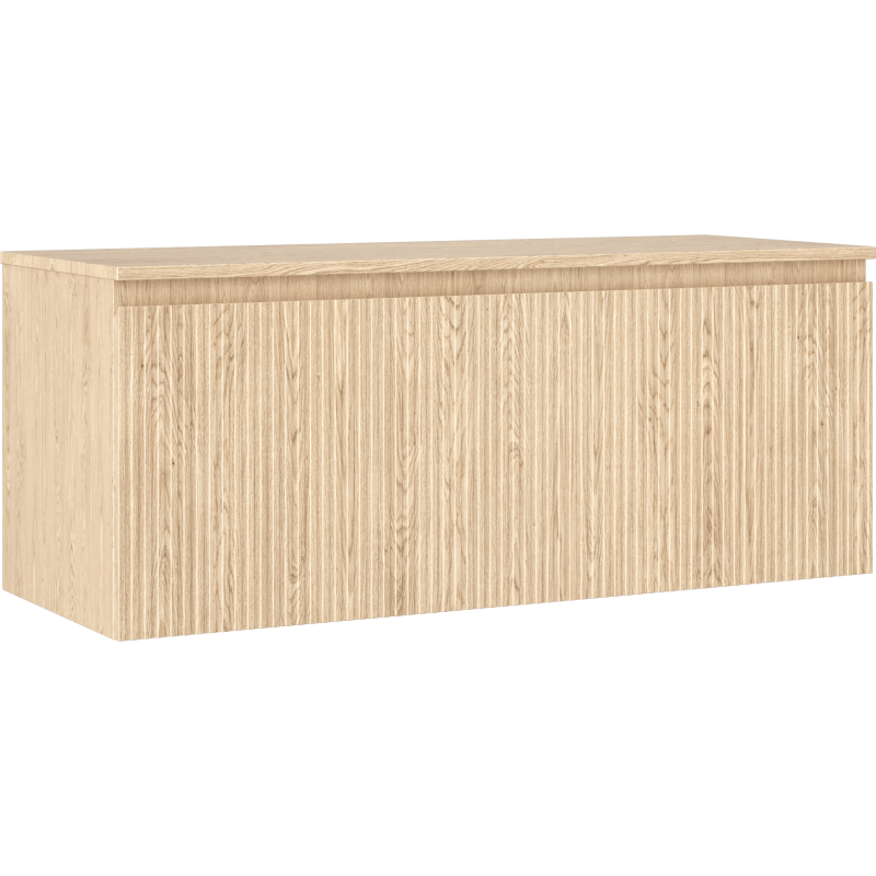 Servantskap 120 cm i eik med én skuff og riflet front, sett fra skrå vinkel.